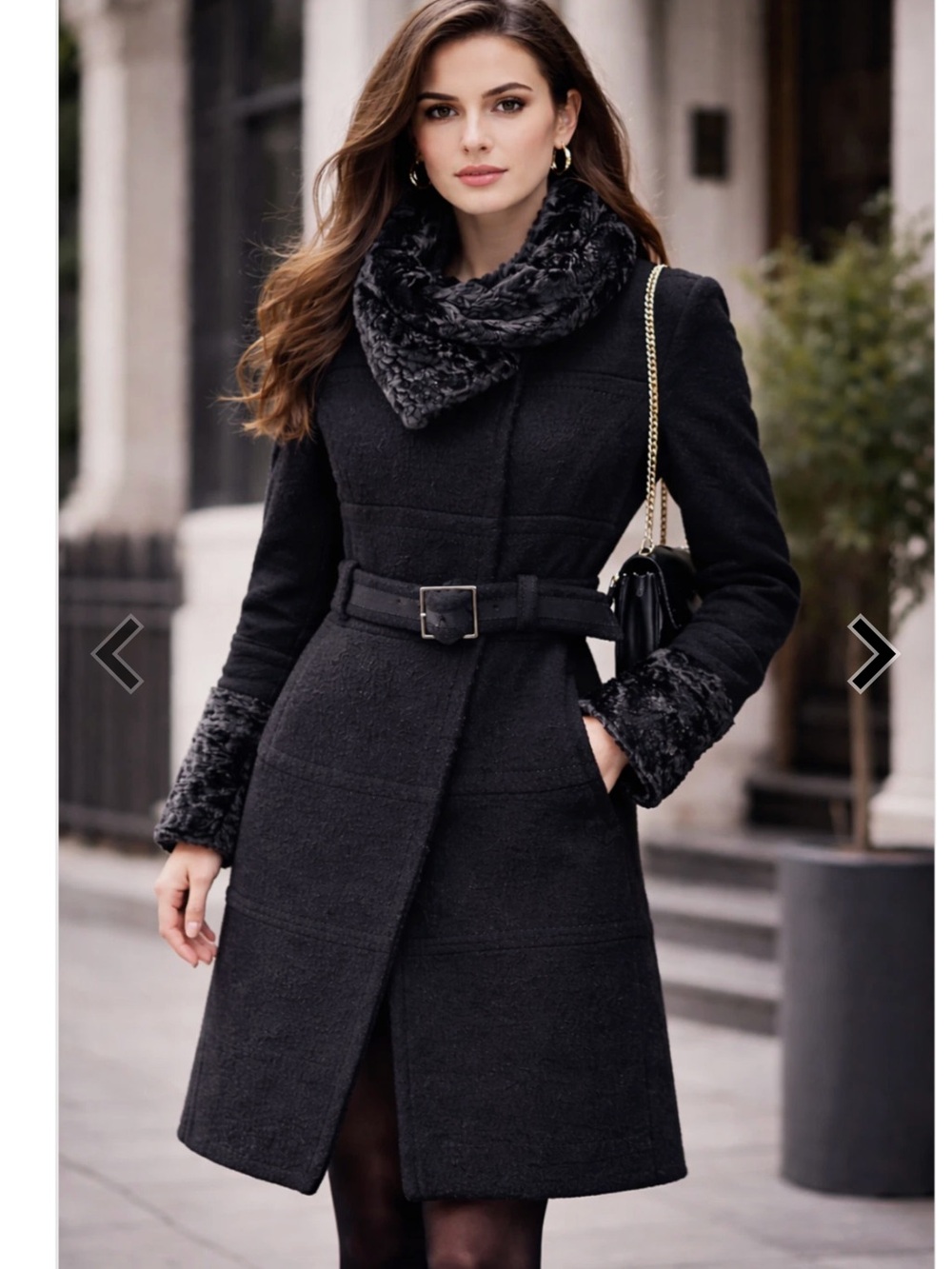 Karen Millen 100% Wool Belted Long Coat Persian Lamb Faux Fur Trim UK 10 US 6